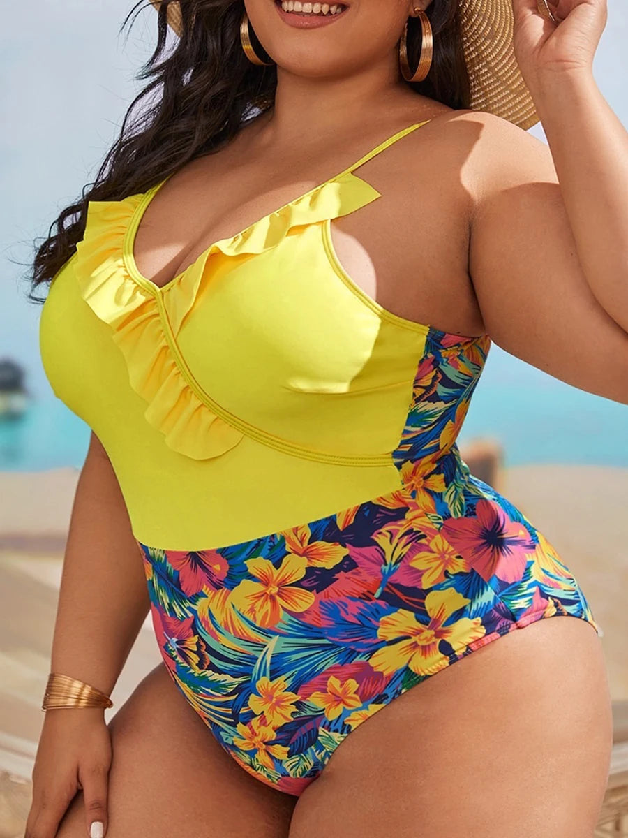 Large Plus Size Swimsuit Women One Piece Floral Ruffle Swimwear Female Bathers Bathing Swimming Swim Suit Beachwear