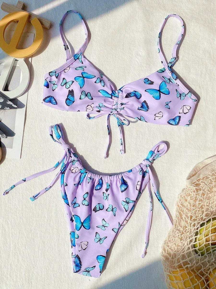 Bikini Women Drawstring Rainbow Butterfly Print Swimwear Swimsuit Female Bikinis Set Bathing Suit