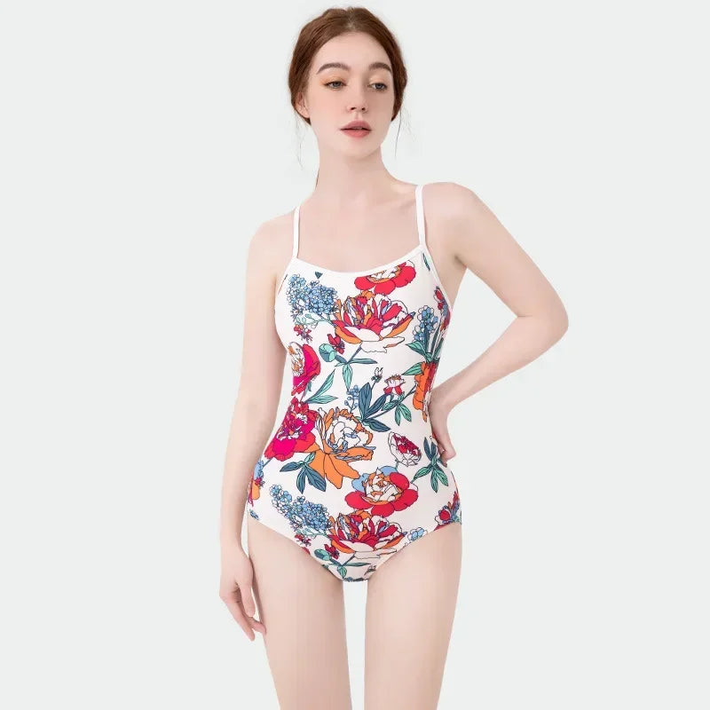 Women Vintage Racing One-piece Swimwear Sun Protection Professional Competition Flower Printed Swimsuit Training Bikini