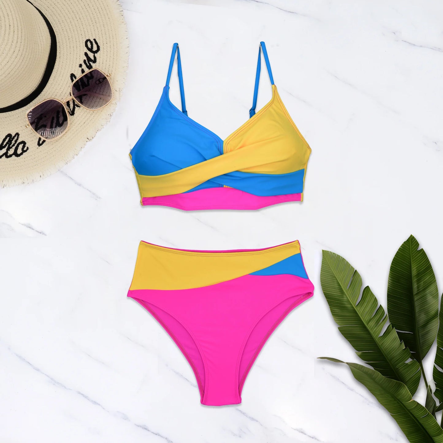 Color Block Bikinis Two Pieces Swimsuit Women Swimwear Beach Wear Bathing Suits Brazilian High Waist Bikini Set