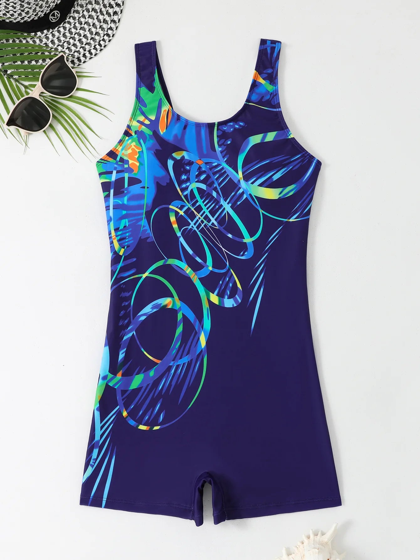 Women One-piece Sports Swimwear Sport Swimsuit Blue Print Athletic Boyleg Swimwear Open Back Beach Wear Fitness Bathing Suits