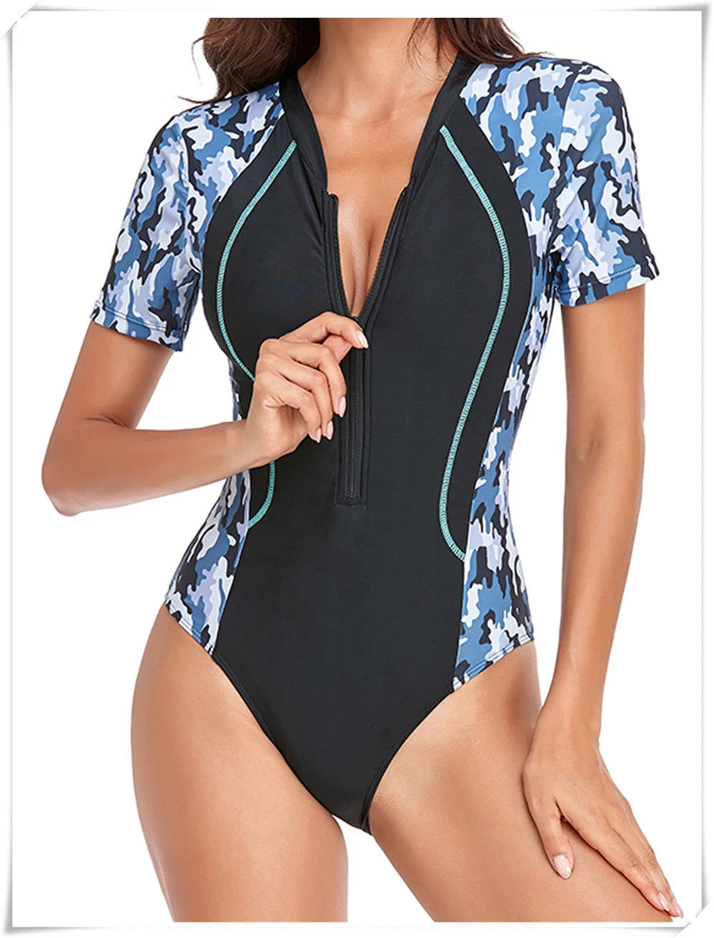 Short Sleeve Zipper One Piece Swimsuit Zebra Print Swimwear Women Diving Clothes Surfing Beachwear Bathing Swimming Suit