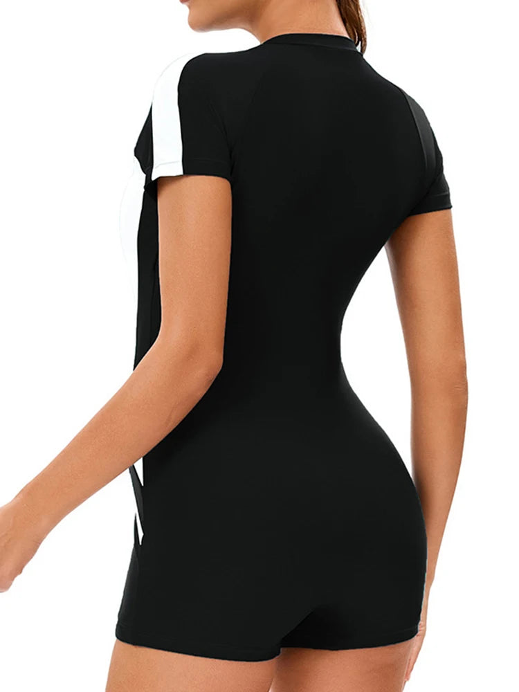 Contrast Color Rash Guards Women O Neck Zippers Short Sleeve Bodysuit Holiday Fashion Slim Bathing Suit