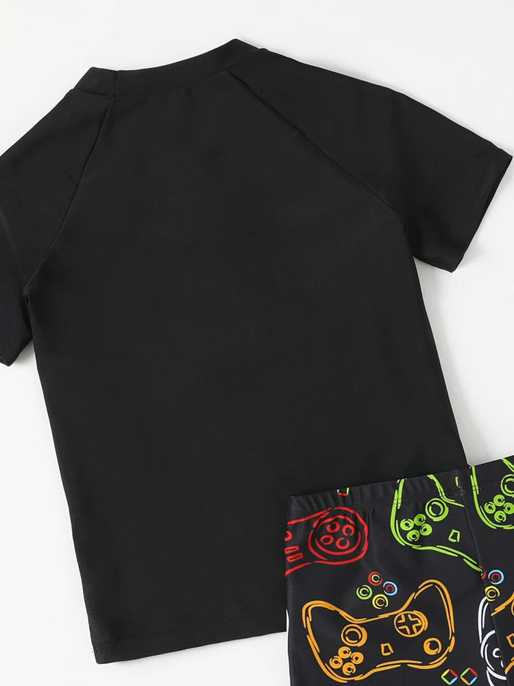 Boy Swimsuit Graffiti Print Short Sleeve Children Swimwear Summer Two Piece Kids Beach Wear Swimming Bathing Suit Boys