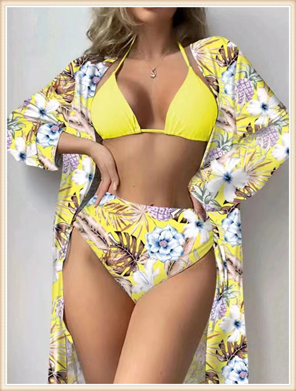 Lace Up Bikinis & Cover Up Long Sleeve Swimwear Women 3-Piece Print Swimsuit Summer Beach Bathing Suit Female Swimming Wear