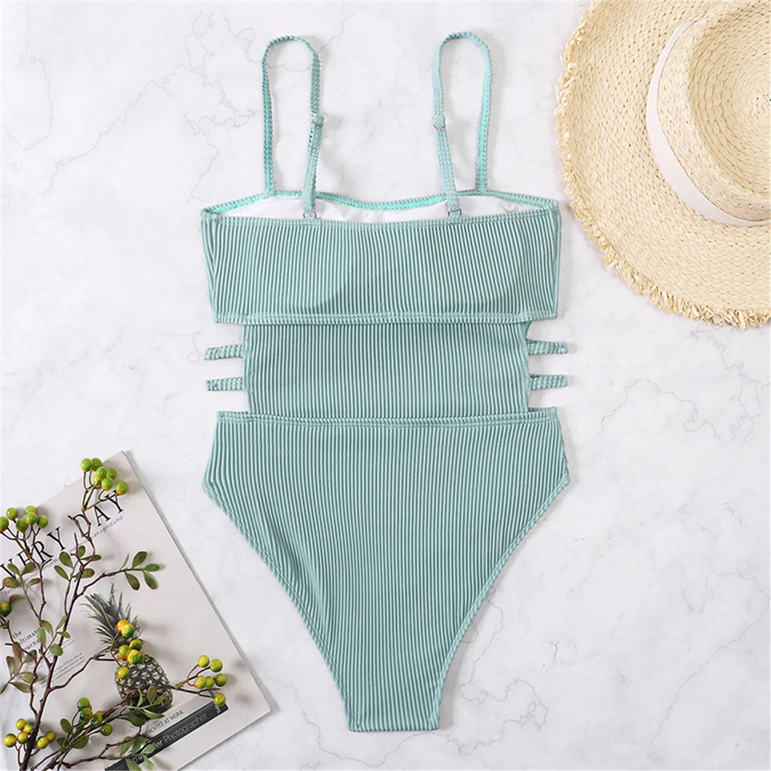 S - XL 11 Colors Ribbed Cut Out One Piece Swimsuit Women Swimwear Female High Leg Cut Padded Bather Bathing Suit Swim Lady