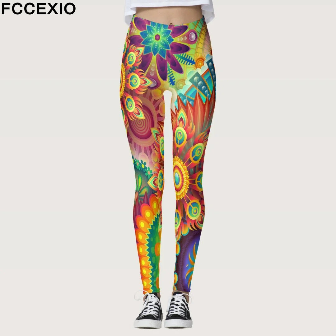 FCCEXIO Summer Geometric Graffiti Print Women's Sports Leggings High Waist Running Tight Fitness Workout Yoga Gym Pants S-3XL