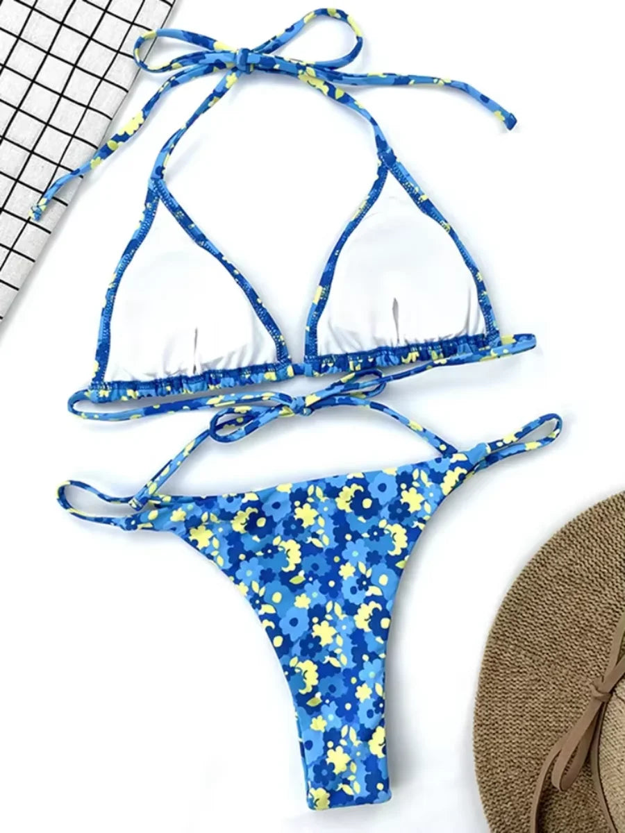 Floral Print Halter Mini Micro String Bikini Female Swimsuit Women Swimwear Two-pieces Bikini Set Bather Bathing Suit Swim Lady