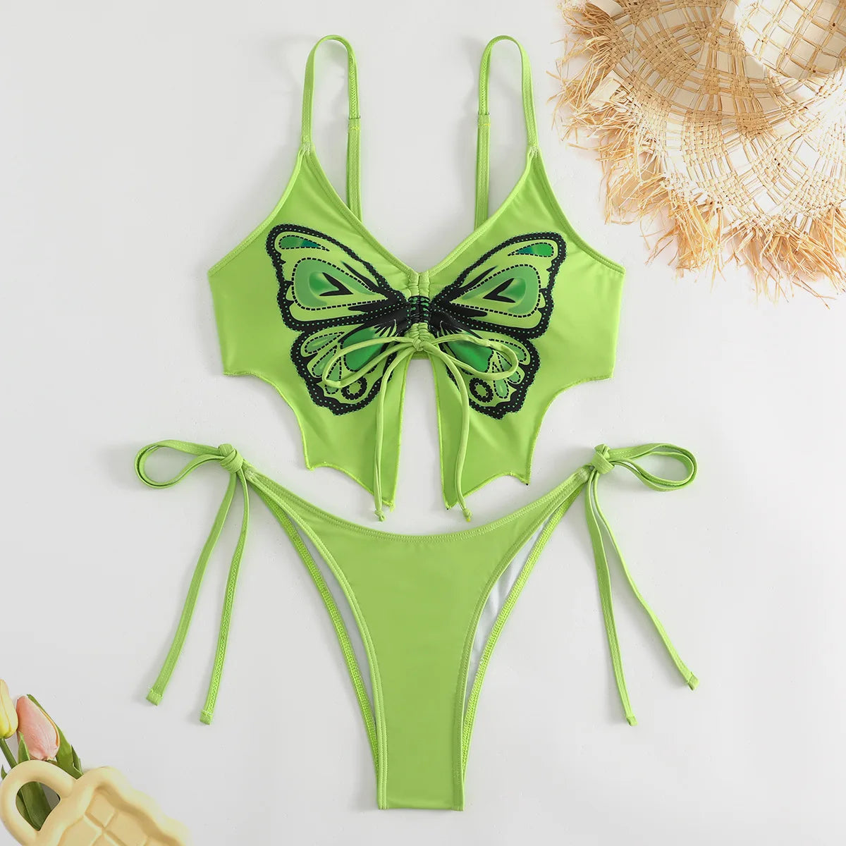 Butterfly Print Strapped Swimwear Women Tied High Cut Bikini Set Push Up Swimsuit Backless Summer Beach Bathing Suit Bathers