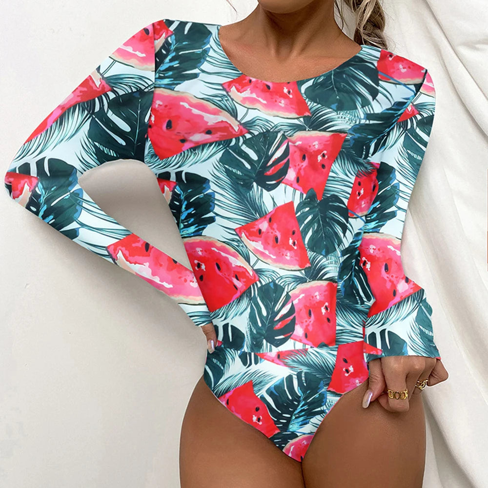 Surfing Sport Long Sleeves Swimsuit For Women Floral Printed High Quality Swimwear Patchwork Bathing Suit Tropical Summer