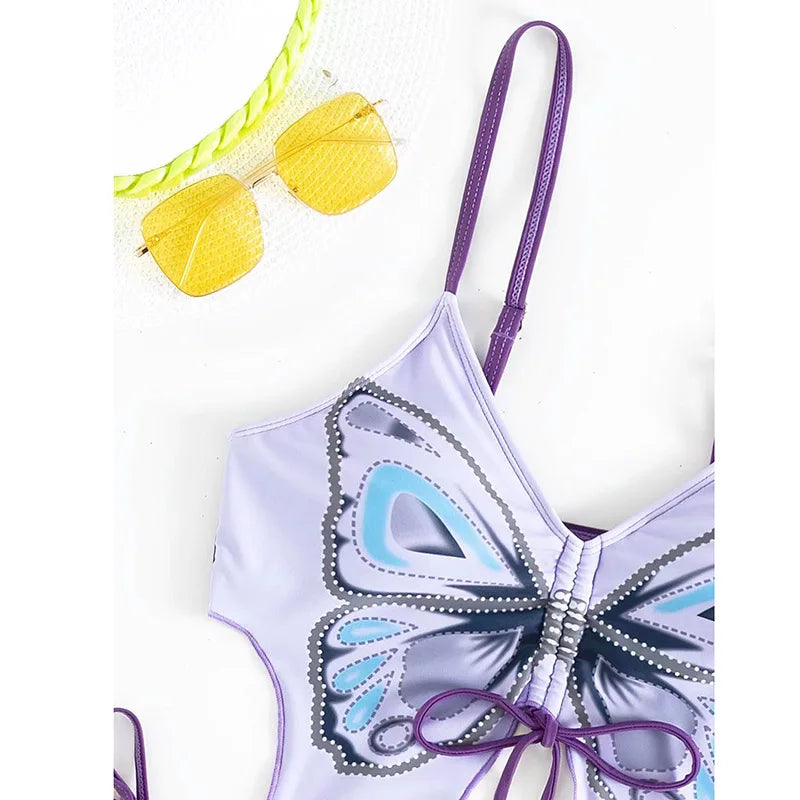 Butterfly Print Strapped Swimwear Women Tied High Cut Bikini Set Push Up Swimsuit Backless Summer Beach Bathing Suit Bathers