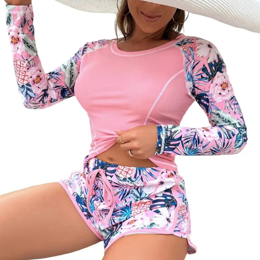 2 Pcs/Set Women Swimsuit Set Long Sleeves O Neck Floral Print Top Drawstring Elastic Waist Shorts Water Sports Top Shorts Set