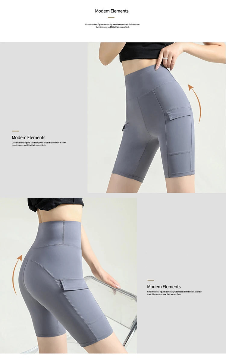 BIVIGAOS Summer New Cargo Pocket Shark Shorts Women's Sport Fitness Cycling Shorts High Waist Running Tight Biker Short Leggings