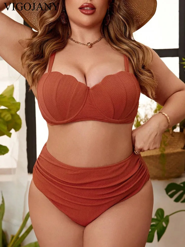 Solid 2 Piece Plus Size Bikini Set Women Strapped Push Up Large Big Swimsuit High Waist Bathing Suit