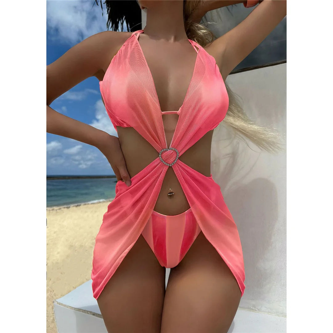 With Dress Tie Dye Striped Bikini Female Swimsuit Women Swimwear Three-pieces Bikini set Bather Bathing Suit Swim