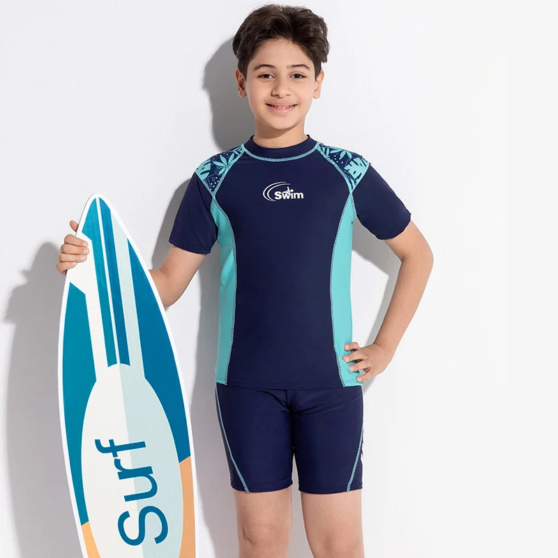 Boy Swimwear Short Shirt Two Piece Short Sleeve Solid Patchwork Teenager Children Kids Swimming Beach Wear 2024 9-16 years