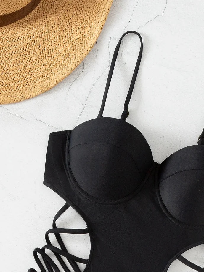 Black Strapped Swimwear Women Hollow Push Up One Piece Swimsuit Monokini High Waist Backless Bathing Suit