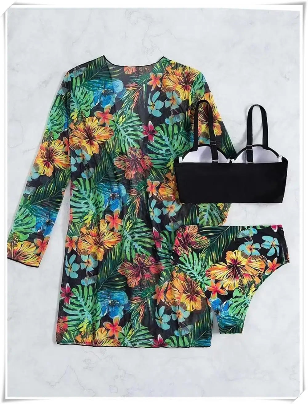 3 Piece Bikini Set Women Cover Up Swimwear Female Tropical Printed Swimsuit Push Up Beachwear Long Sleeve Bathing Suit