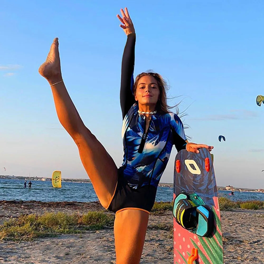 Print Floral One Piece Swimsuit Long Sleeve Swimwear Women Bathing Suit Retro Swimsuit Vintage One-piece Surfing Swim Suits