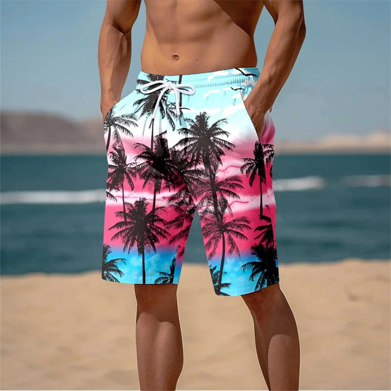 Harajuku 3D Cocoanut Trees Printing Beach Shorts Palm Tree Graphic Board Shorts For Men Hawaiian Cool Swimming Trunks