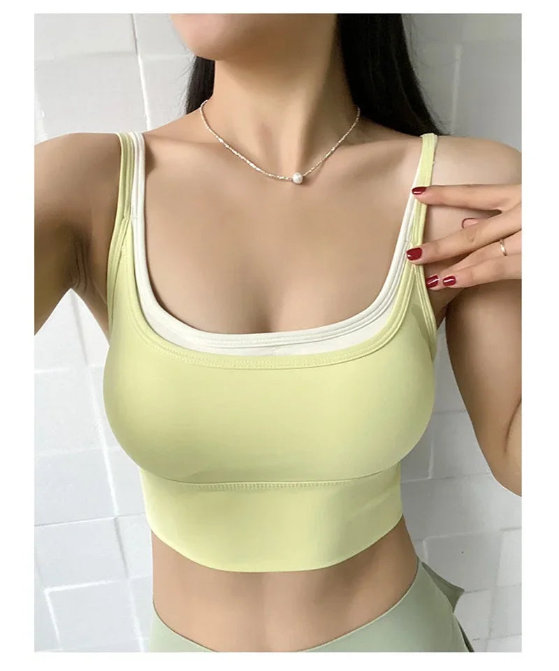 PofyBofy Womens Scoop Neck Longline Sports Bra - U Back Adjustable Straps Workout Crop Tank Top 2 in 1 Longline Workout Yoga Bra
