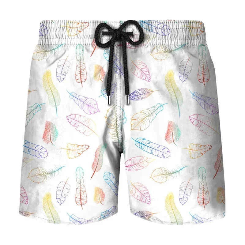 Flower Leaf Graphic Swim Trunks For Men Ethnic Feathers 3D Printed Short Pants Summer Loose Harajuku Sport Street Board Shorts