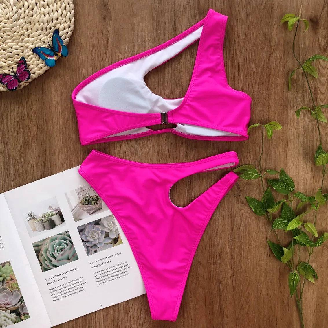 Solid color swimsuit irregular diagonal shoulder bikini Swimwear Beach Bathing Suits