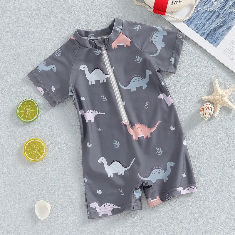 Baby Boy's Dinosaur Swimsuit Round Neck Half Zip Up Short Sleeve Rash Guard Swimwear Infant Toddler Bathing Suit 0-3T