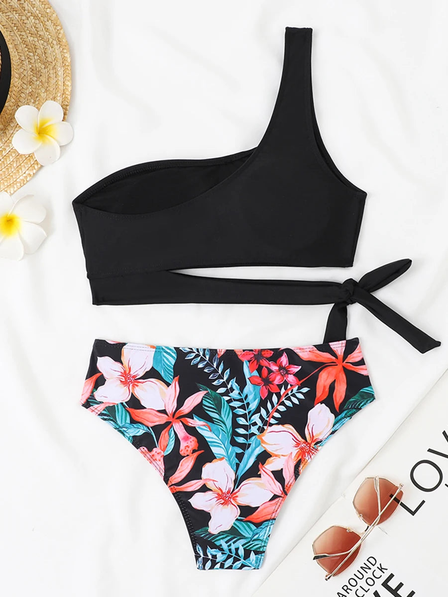 One Shoulder Bikini Set Swimsuit Women Solid Padded Swimwear Female Bathers Bathing Swimming Swim Suit Beachwear