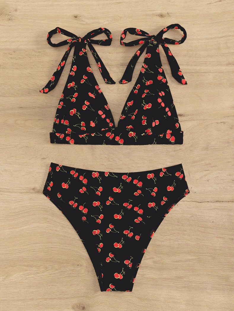 Black Cherry Print Bikini Set Women Tie Up Strap V Neck Push Up High Waist Swimsuit Cut Out Bathing Suit Two Piece Swimwear