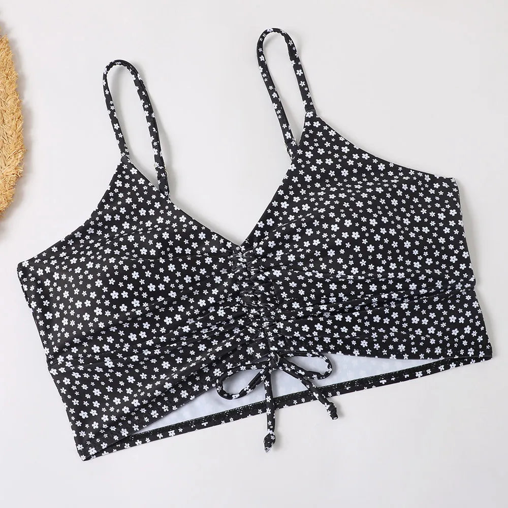 High Waist Bikini Swimsuit Women Floral Print Swim Suits Drawstring Front Shorts Boxers Swimwear Trunks Pool Bathing Suit