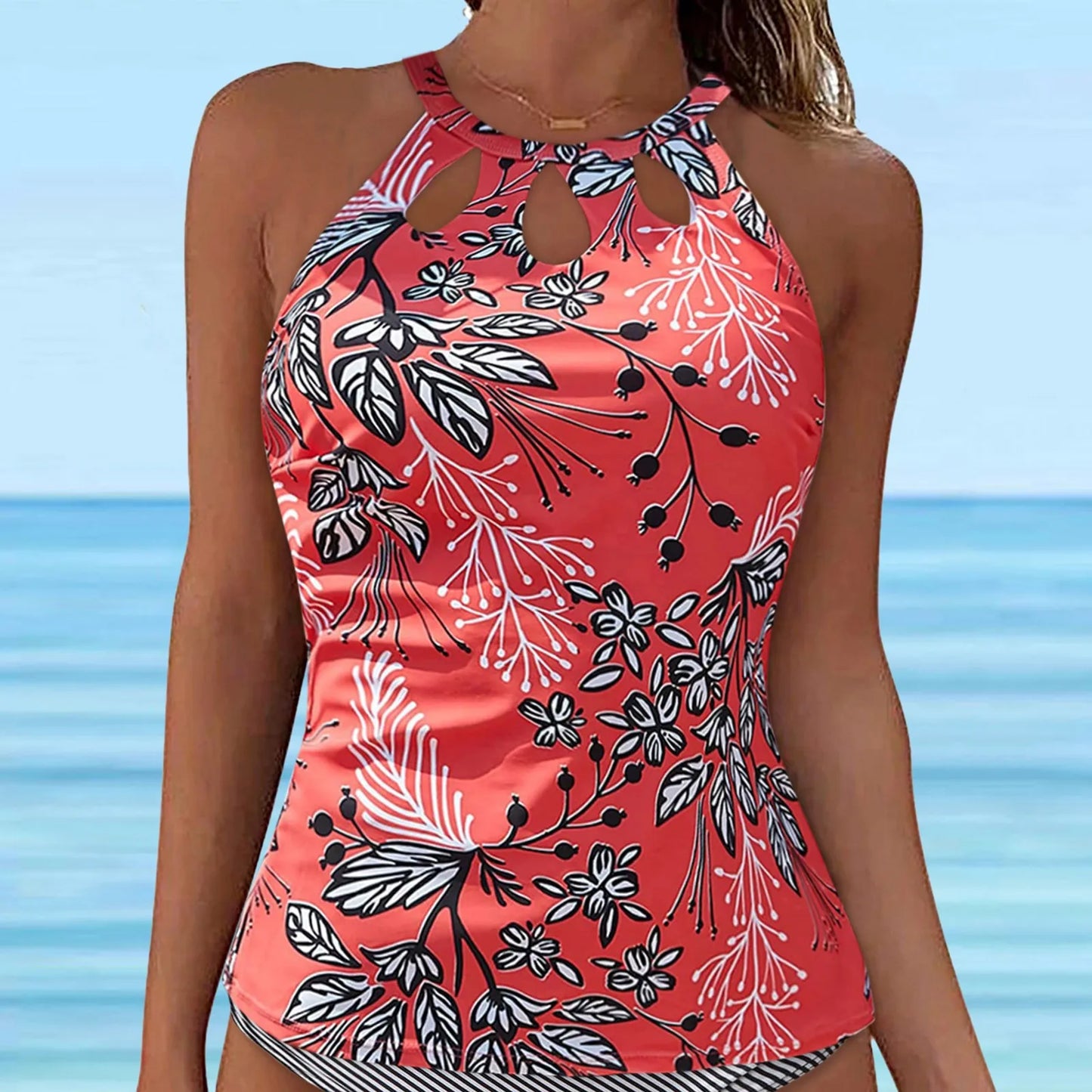 Women Retro Flower Printed Lace Up Swimwear Tankinis Tops Underwire Full Coverage Bikini Top Sleeveless Push Up Bikini