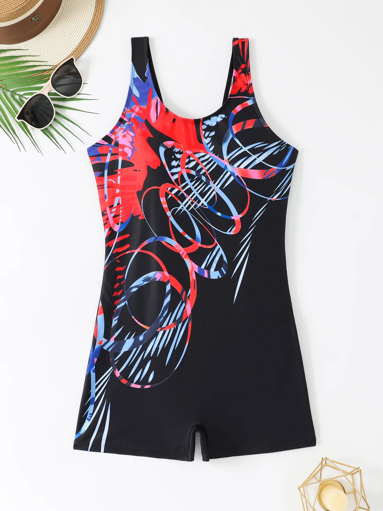Women One-piece Sports Swimwear Sport Swimsuit Blue Print Athletic Boyleg Swimwear Open Back Beach Wear Fitness Bathing Suits