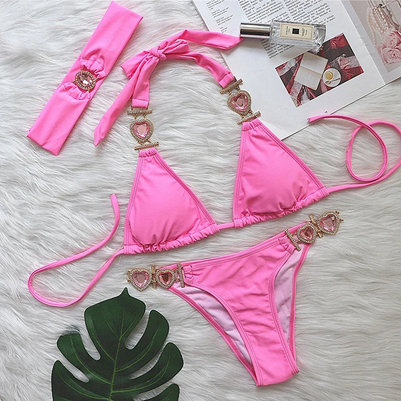 Pink Bikinis Swimsuit With Heart Rhinestones Women Swimwear Female Push Up Bikini Beach Swim Wear Bathing Suits Pool Bather