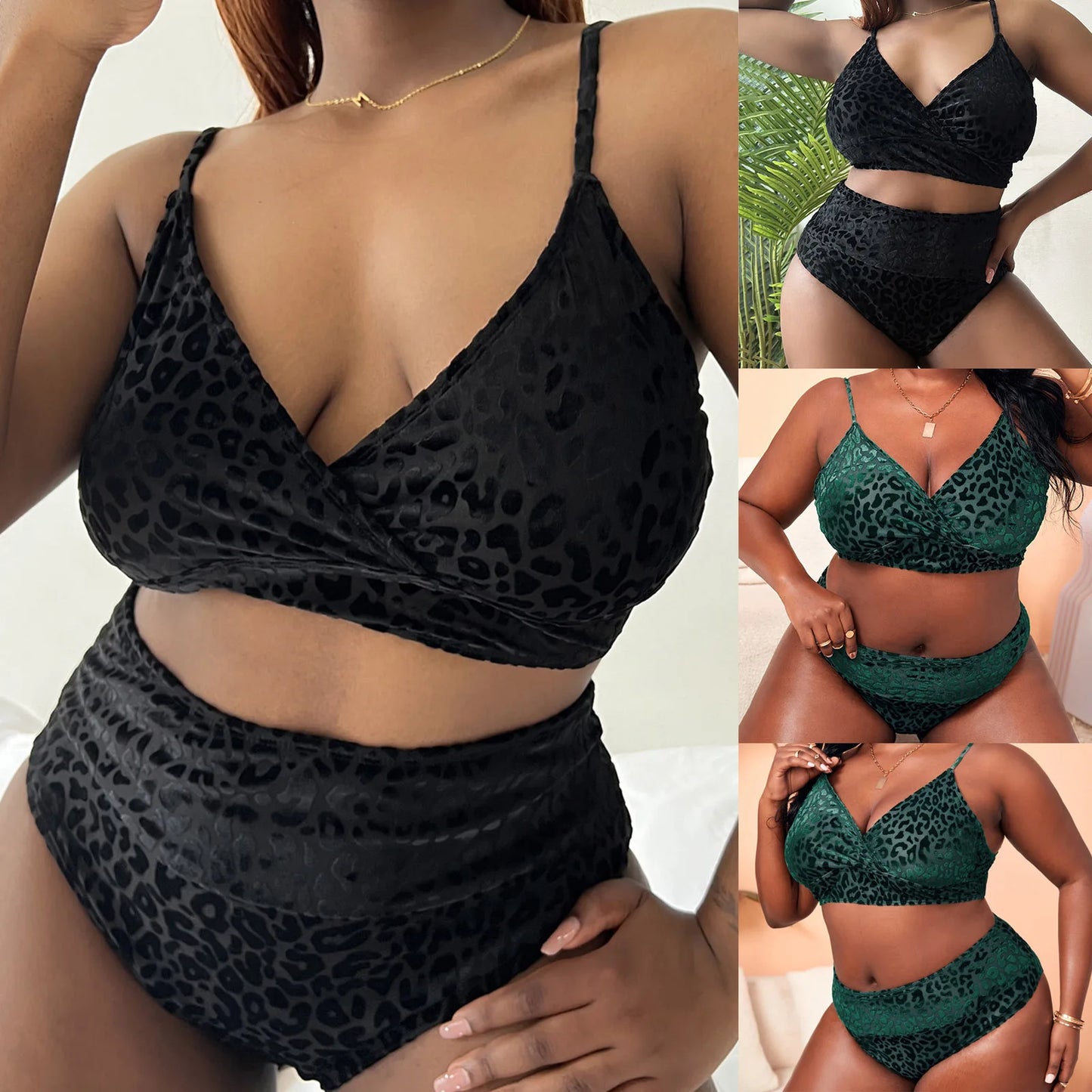 Women's Plus Size Bikini Set Leopard Printed Back Lace Up Strap High Waist Swimsuit Summer