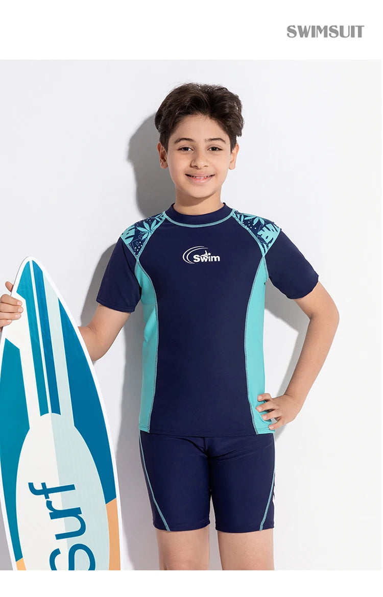 Boy Swimwear Short Shirt Two Piece Short Sleeve Solid Patchwork Teenager Children Kids Swimming Beach Wear 2024 9-16 years