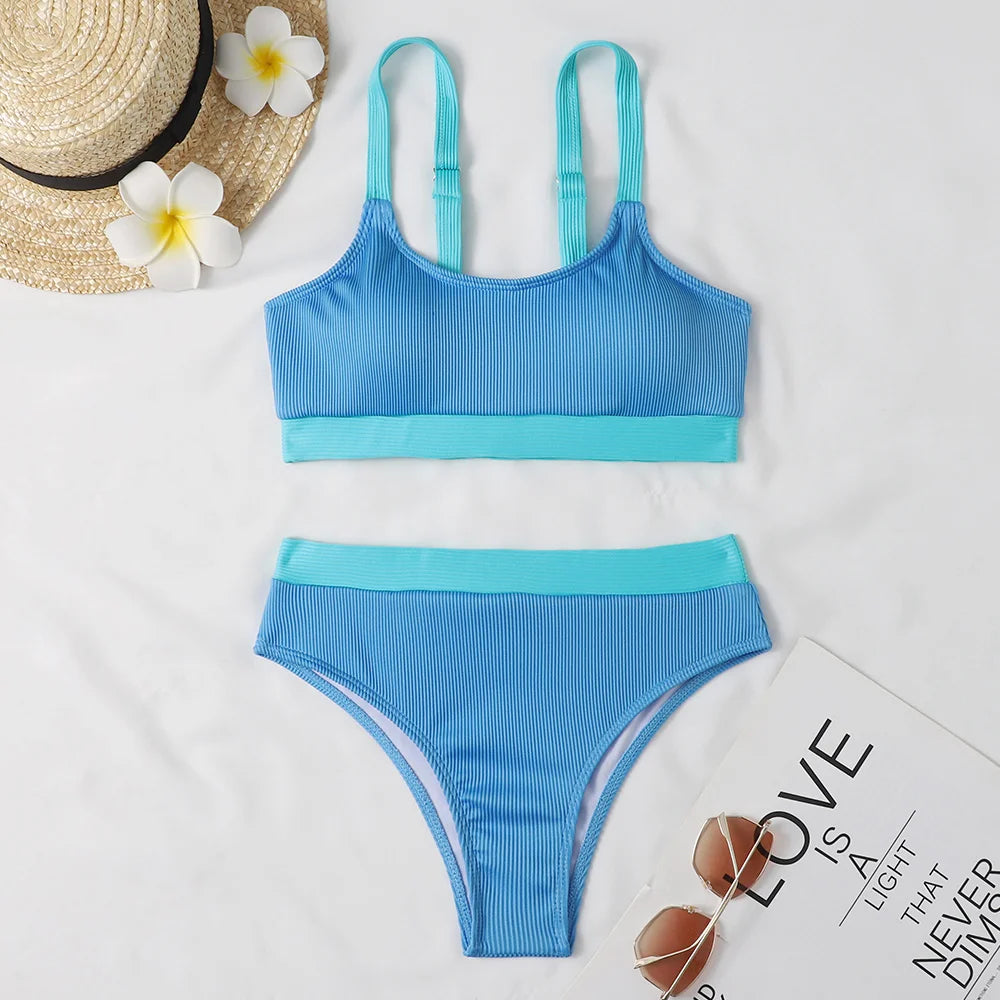 Orange High Waist Bikini Swimsuits Push Up Swimwear Women Splicing Biquini Beachwear Ribbed Bathing Suits Female