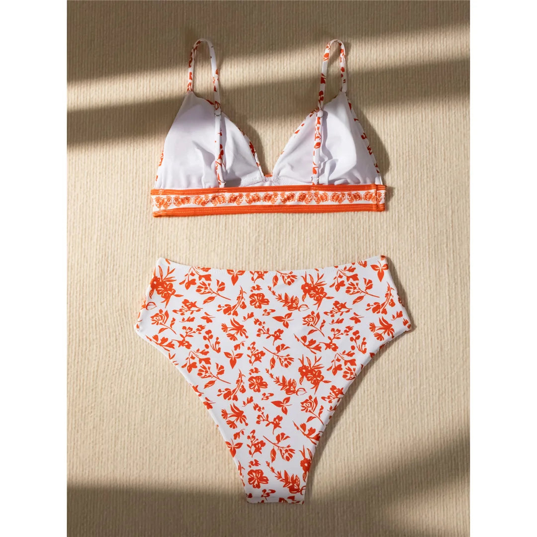 Flowers Printed High Cut Mid Waist Bikini Female Swimsuit Women Swimwear Two-pieces Bikini set Bather Bathing Suit Swim