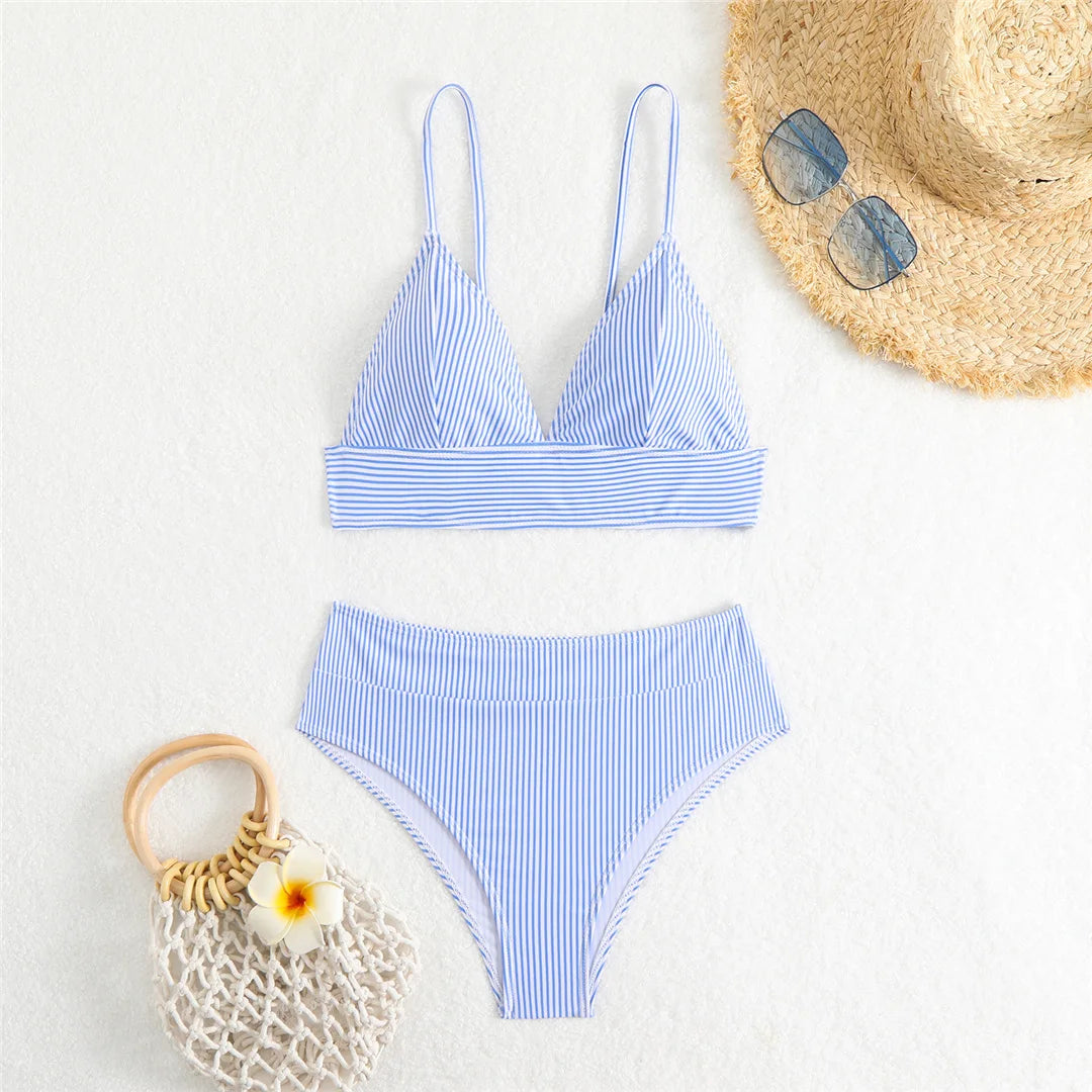 4 Colors V Neck Striped Female Swimsuit High Waist Bikini Women Swimwear Two-pieces Bikini set Bather Bathing Suit Swim