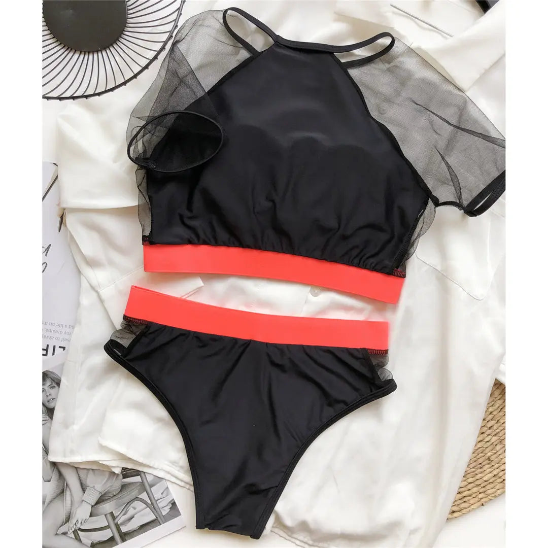 Neon Colours Short Sleeve Mesh High Waist Bikini Women Bikini Sets