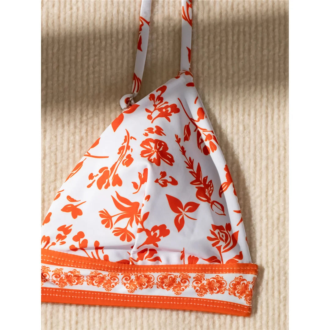Flowers Printed High Cut Mid Waist Bikini Female Swimsuit Women Swimwear Two-pieces Bikini set Bather Bathing Suit Swim