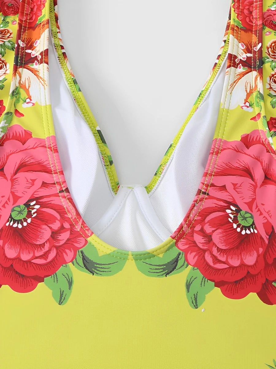 Ruffle Push Up Swimwear Women One Piece Floral Swimsuit Vintage Bather Bathing Swimming Swim Suit Beachwear Summer Bodysuit