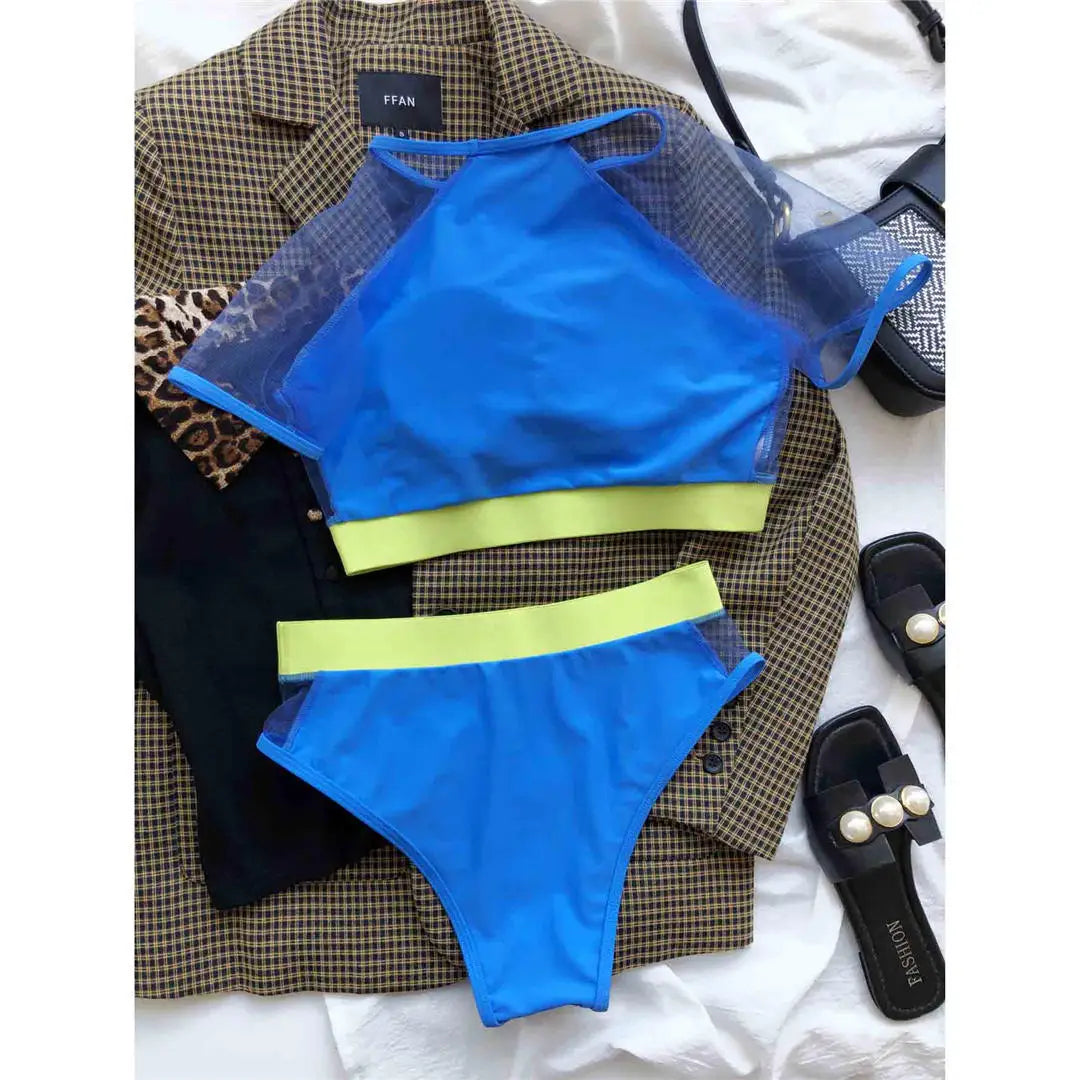 Neon Colours Short Sleeve Mesh High Waist Bikini Women Bikini Sets