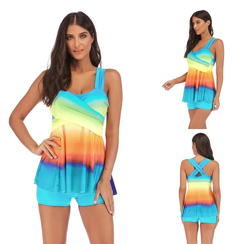 Skirt style swimsuit gradient rainbow print Suits Swimwear Swimsuit Women Summer Tankini Sets Swimming Bathing Suit
