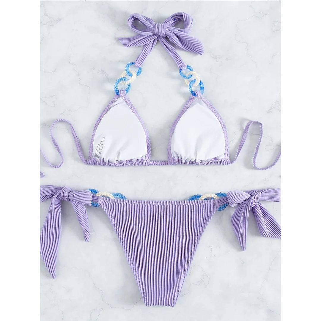 Halter Shiny Ring Ribbed Bikini Female Swimsuit Women Swimwear Two-pieces Bikini set Brazilian Bather Bathing Suit Swim