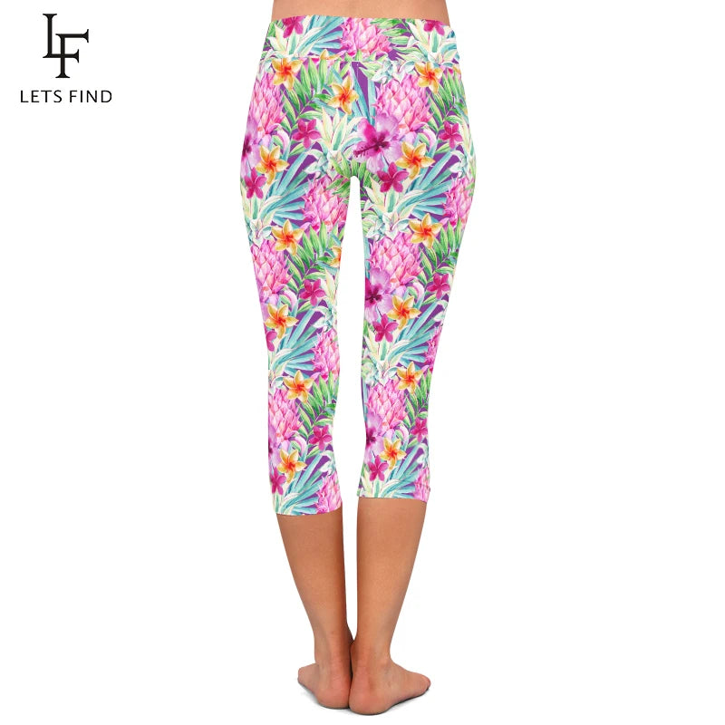 Flowers Digital Printing Fitness Capri Leggings High Waist Mid-Calf 3/4 Leggings