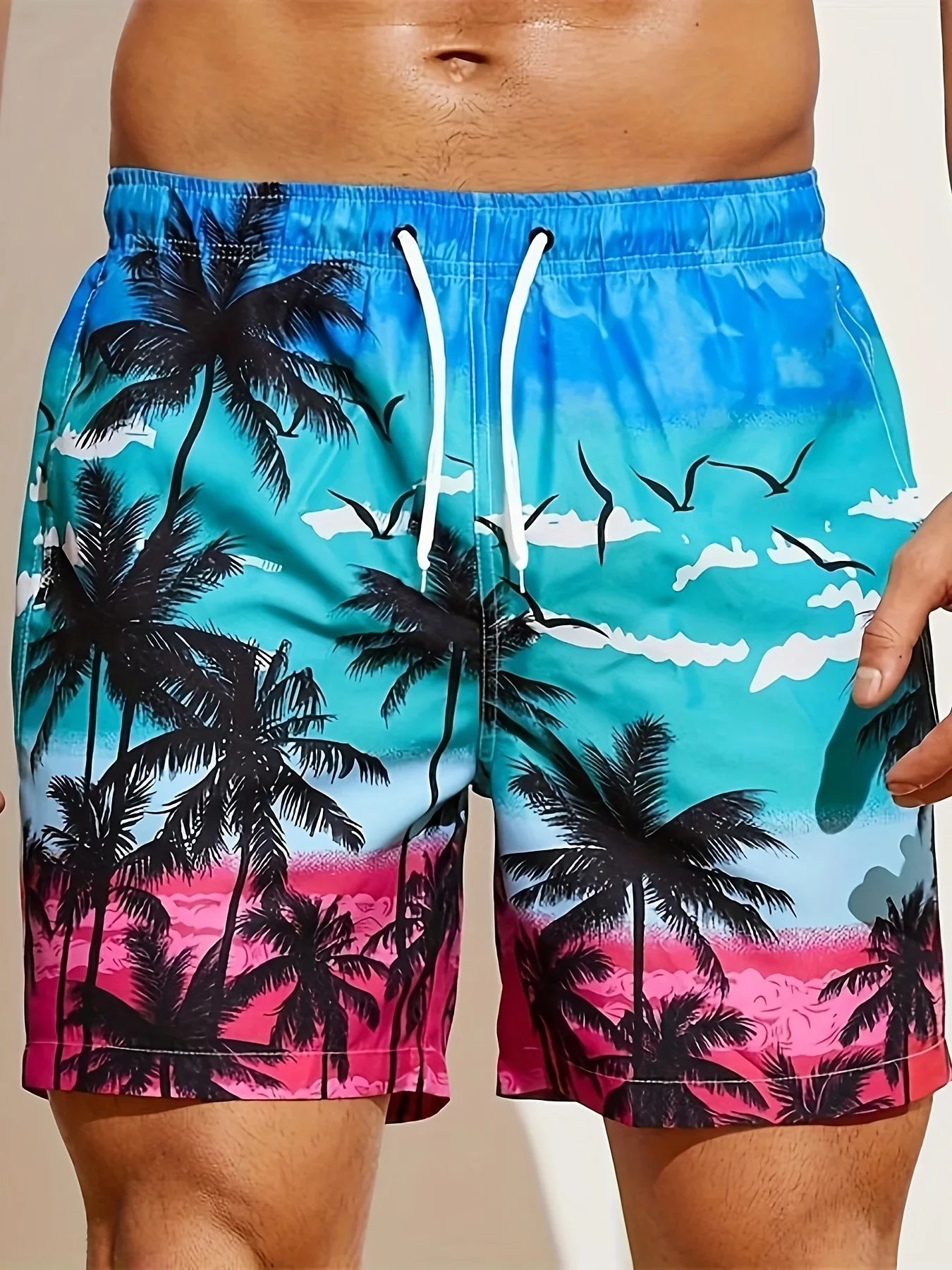 Men's Loose Beach Shorts Drawstring Quick Dry Coconut Tree Shorts For Summer Women Men 3D Print Casual Oversized Sport Shorts
