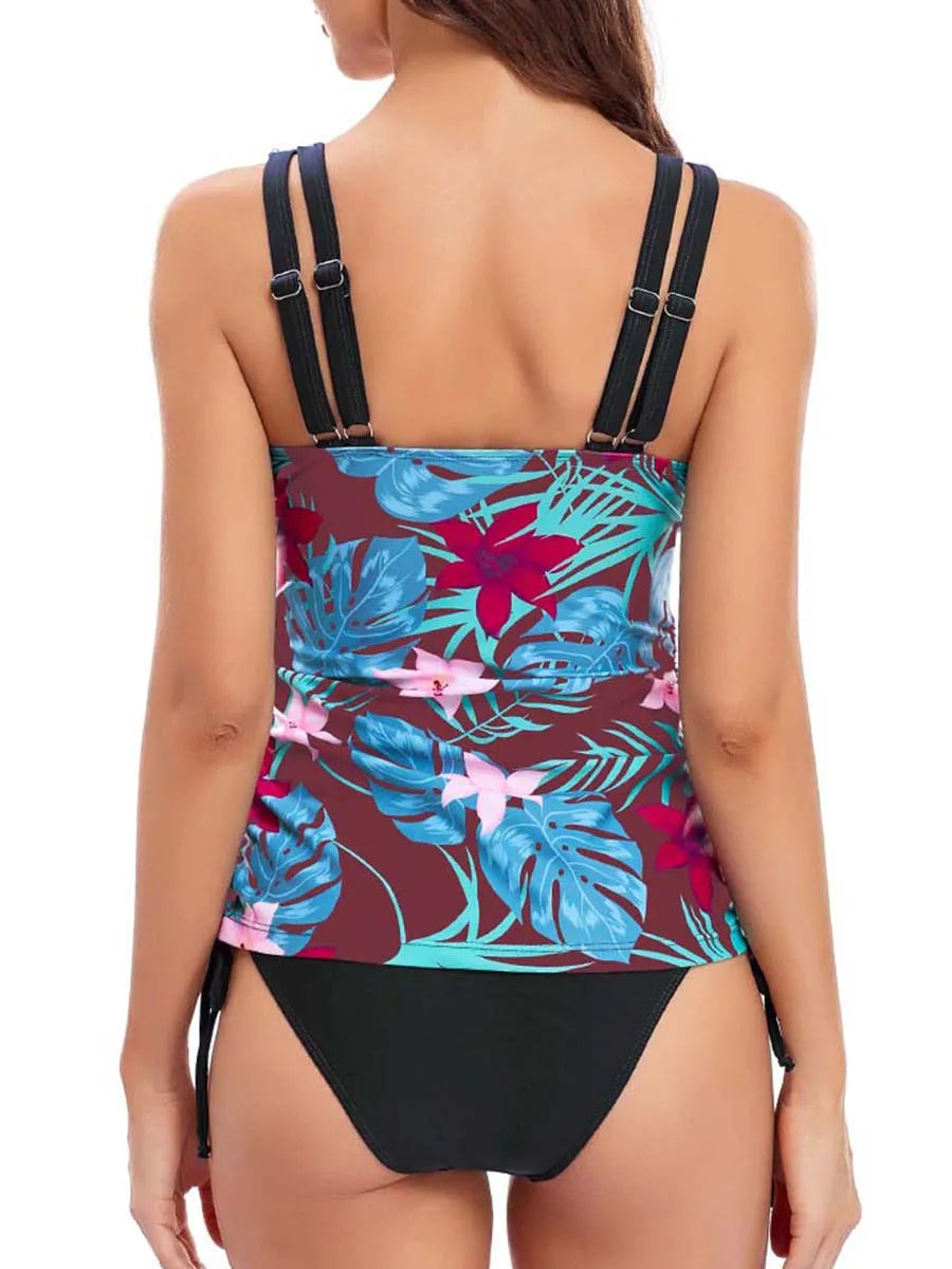 Printed Tankini Set Two Piece Swimsuit Women Tie Side Drawstring Swimwear Female Bathing Swimming Suit Beachwear Summer