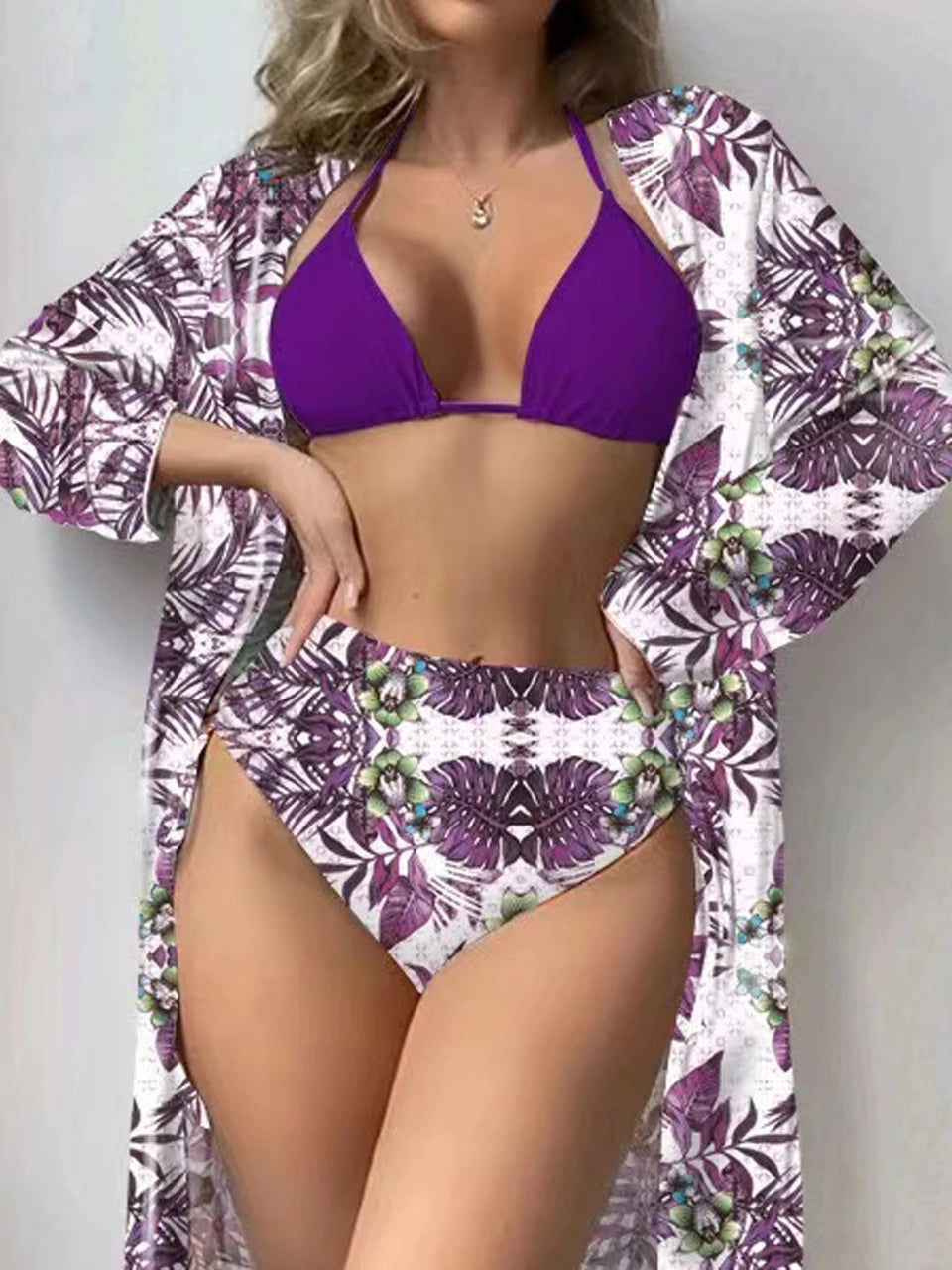 Lace Up Bikinis & Cover Up Long Sleeve Swimwear Women 3-Piece Print Swimsuit Summer Beach Bathing Suit Female Swimming Wear