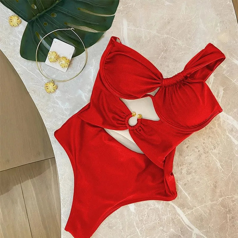Women One-Piece Swimsuit One Shoulder Padded Swimwear Bikini Set Chain Bathing Suit Beachwear